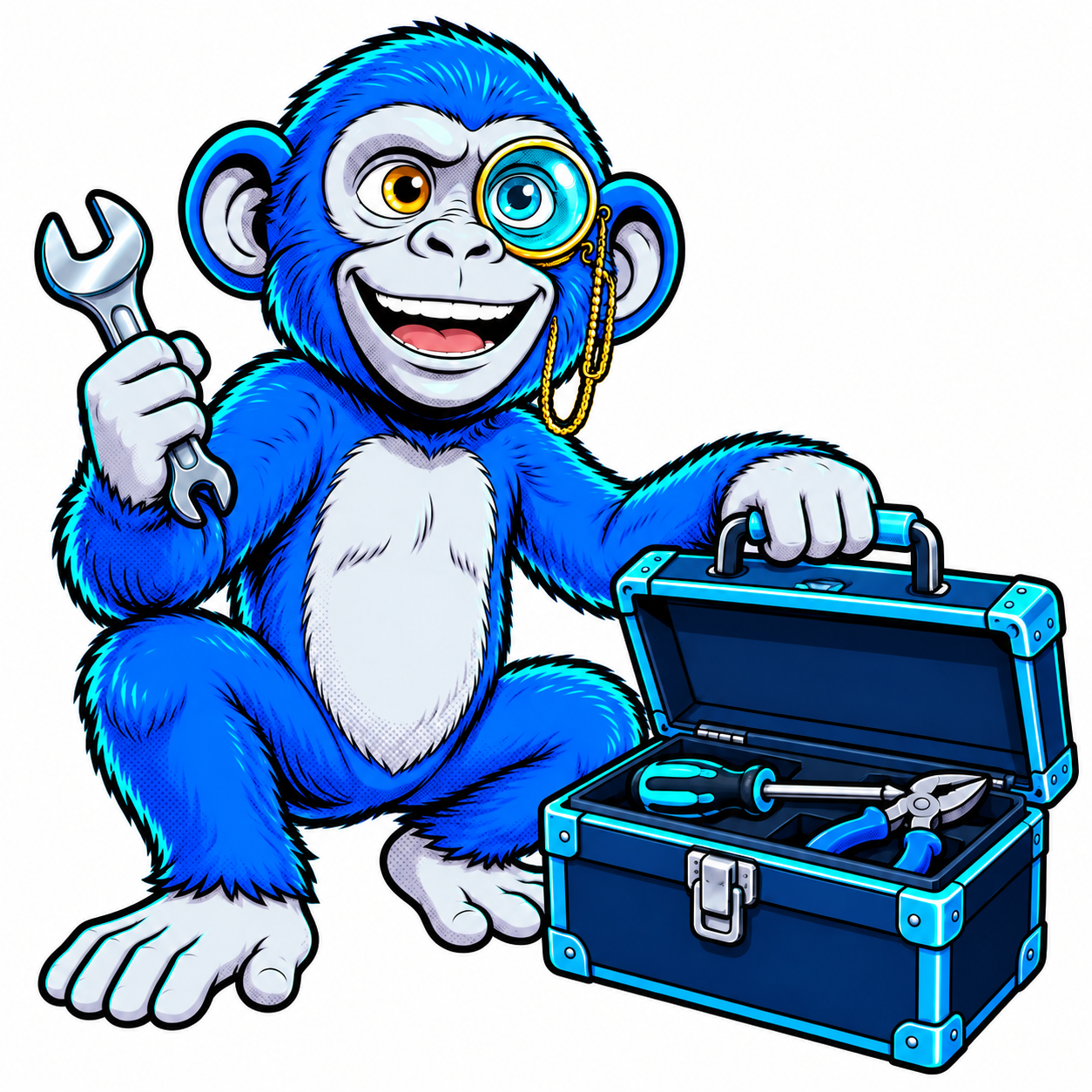 La mascotte Clic Monkey avec sa boîte à outils
