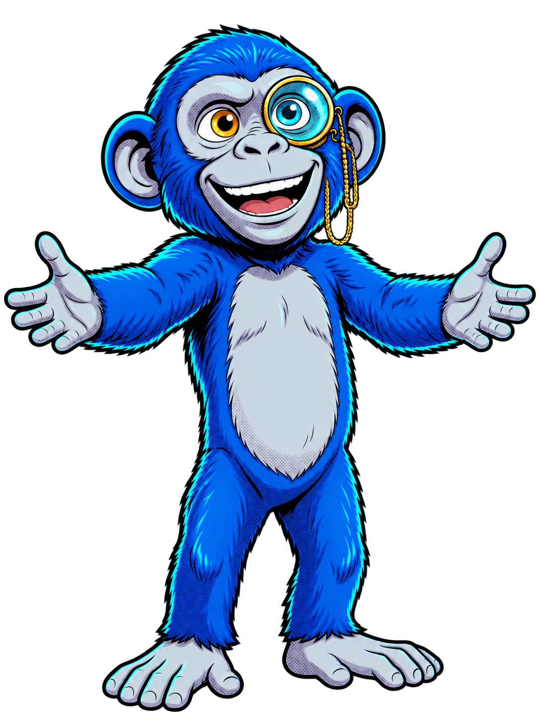 La mascotte Clic Monkey, bras croisés et couronne bleue