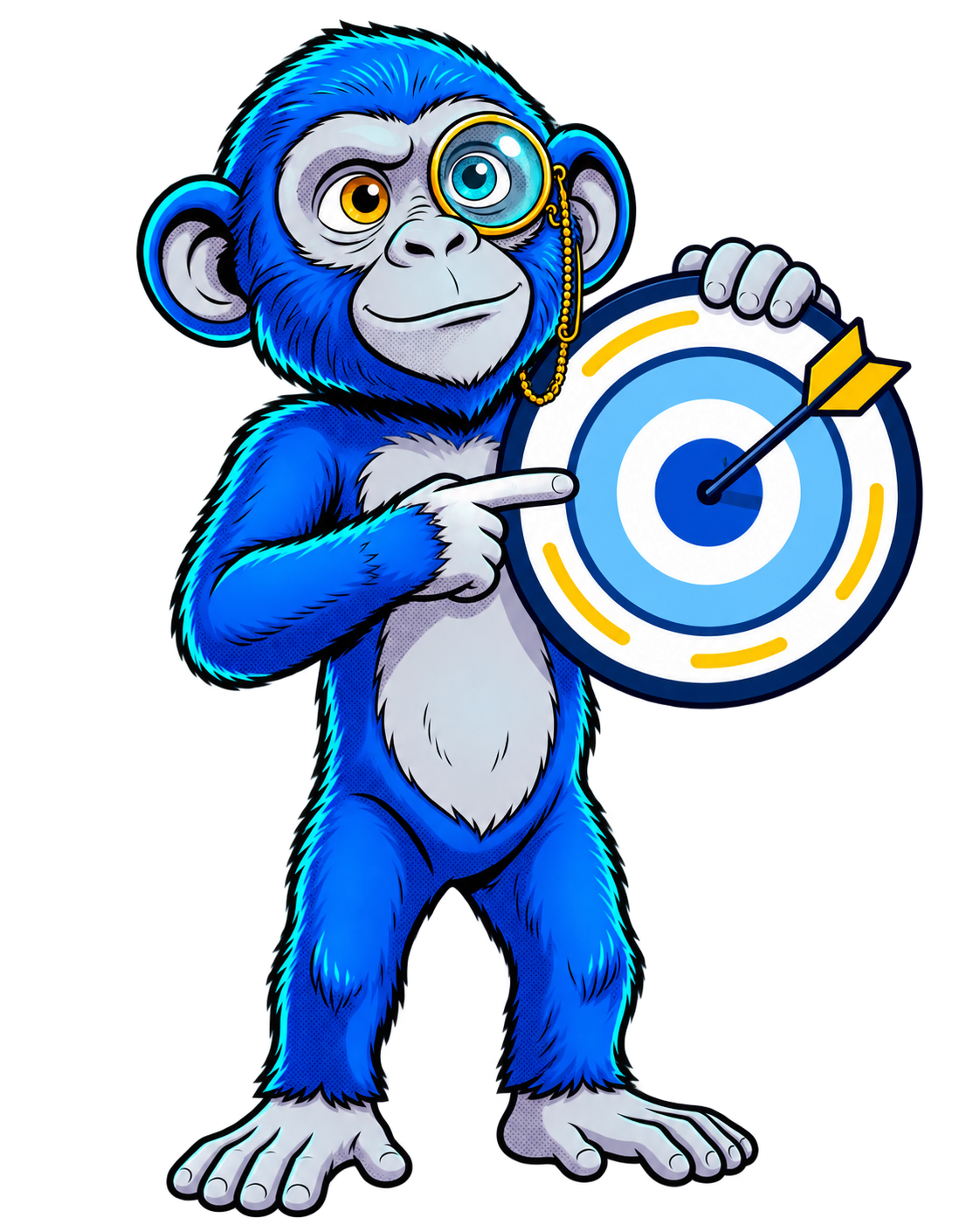La mascotte Clic Monkey réfléchit à votre stratégie SEA, tablette en main