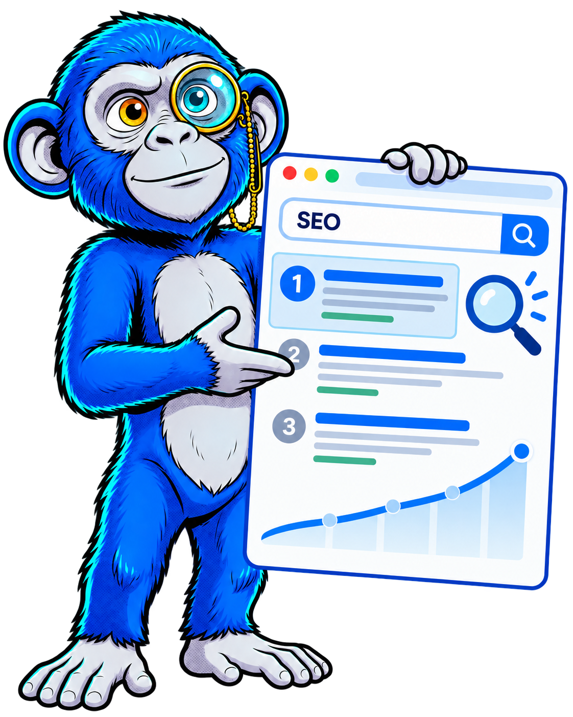La mascotte Clic Monkey présente un tableau de résultats de recherche SEO en première position, avec une courbe de trafic en croissance