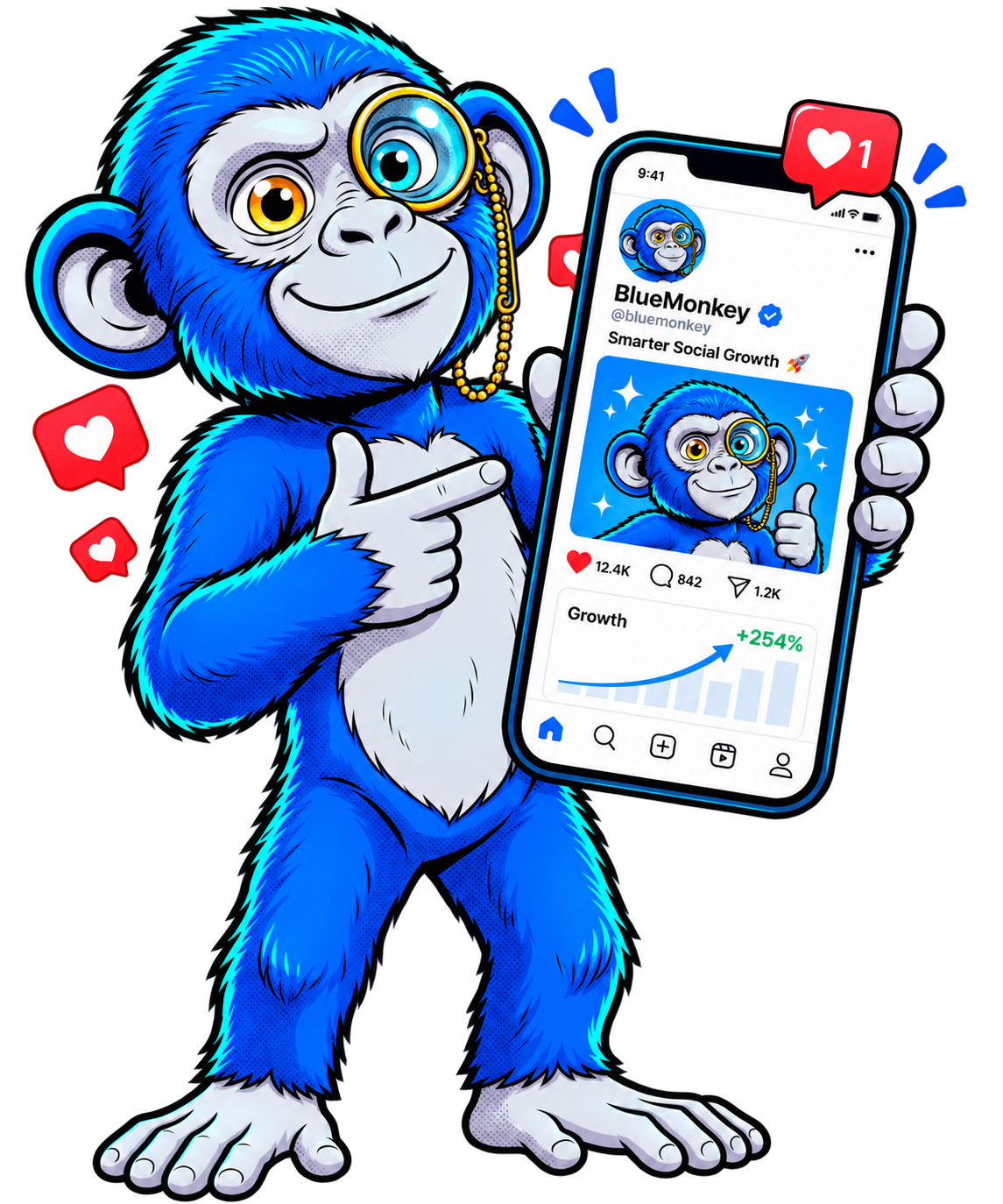 La mascotte Clic Monkey présente une publication sur les réseaux sociaux avec de nombreuses interactions et une audience en croissance